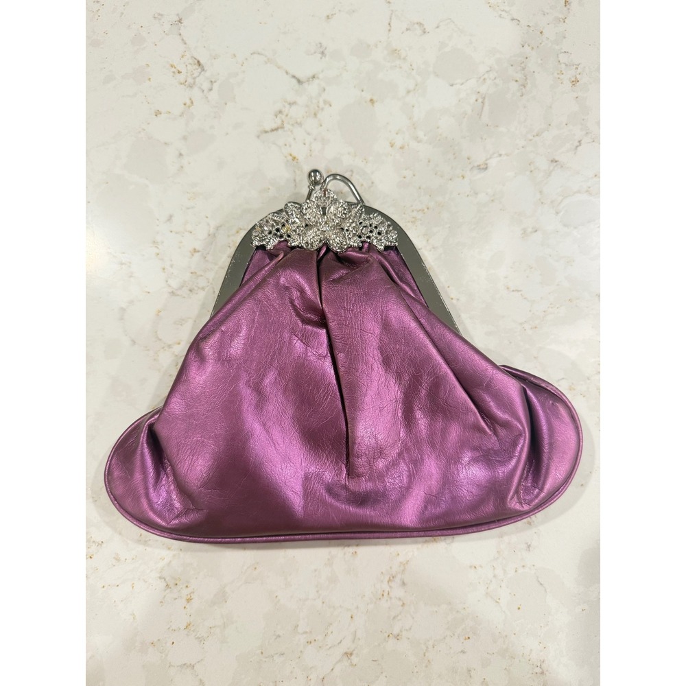 Metallic Purple Rhinestone Floral Kiss Lock Evening Clutch Bag Handheld Purse
